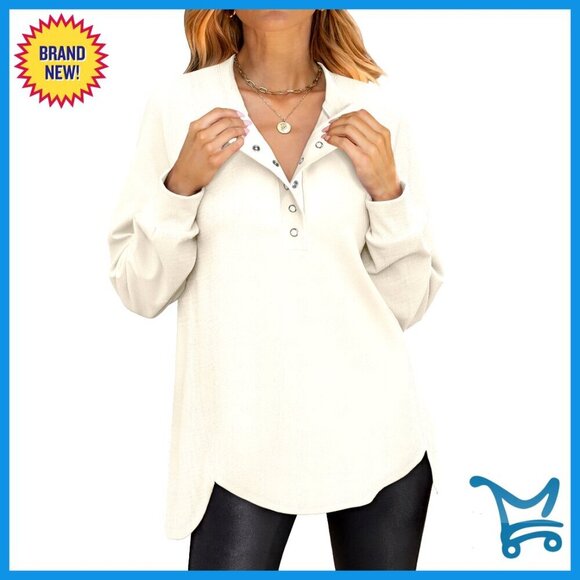 Tops - Long Sleeve Henley Tunic Sweatshirt Loose Fit Polyester Pullover Casual Top